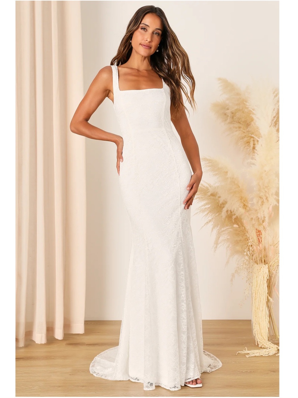 Lulus Eternal Happiness White Lace Square-Neck Mermaid Maxi Wedding Dress Bride